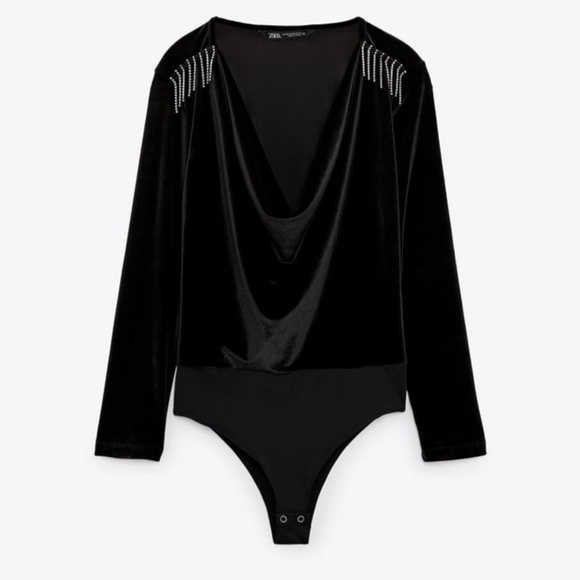 Zara Tops - Zara NWT black velvet velour, shoulder padded tassel detail long sleeve bodysuit